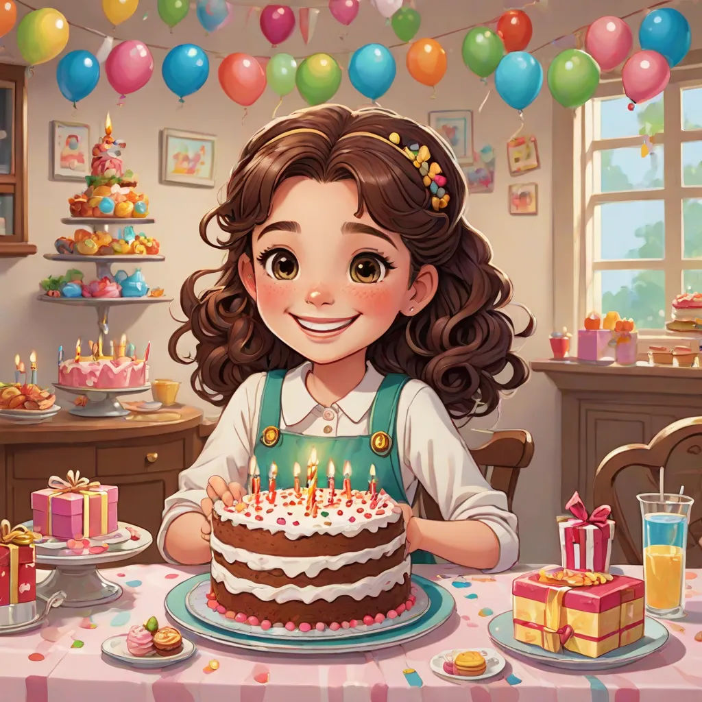 a girl sitting at a table with a birthday cake in front of her and a bunch of presents on the table, Clarice Beckett, american scene painting, a storybook illustration, official art