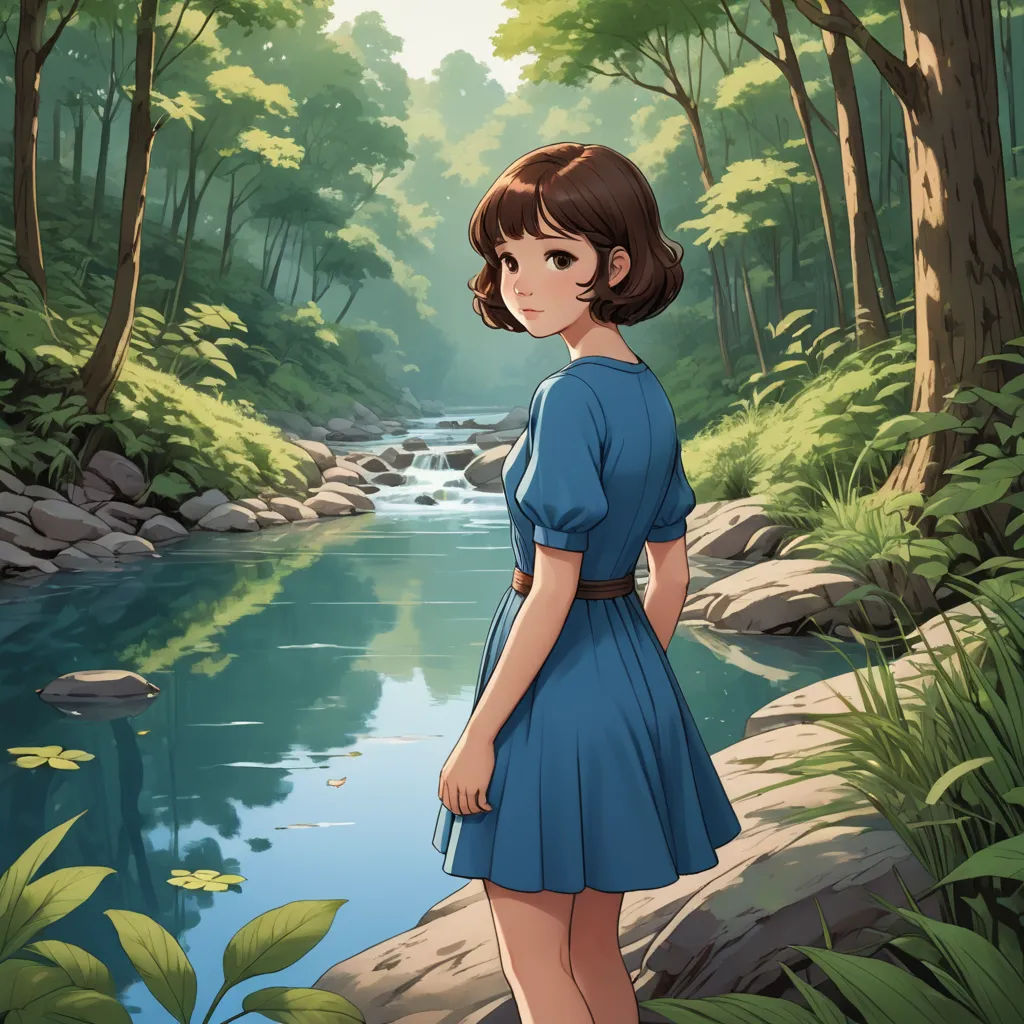 a girl in a blue dress standing in front of a river in a forest with rocks and trees on both sides, magic realism, a character portrait, Ayako Rokkaku, official art