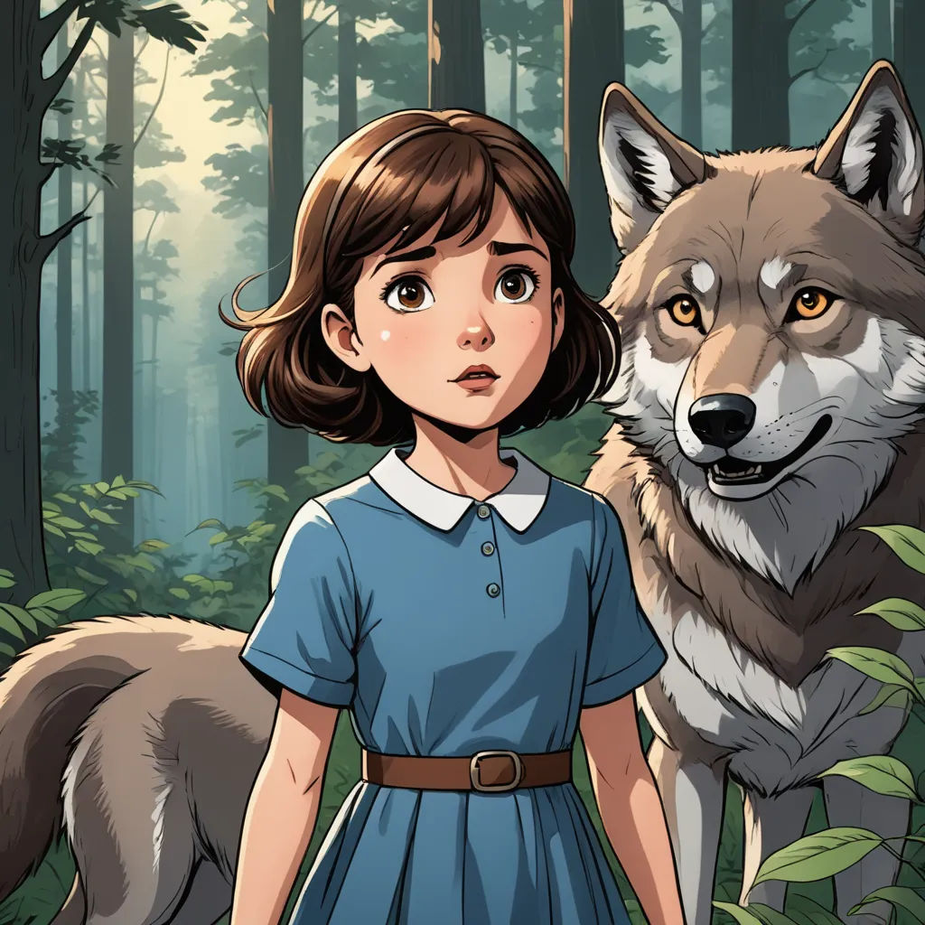 a girl in a blue dress standing next to a wolf in a forest with trees and bushes behind her, furry art, a storybook illustration, Clarice Beckett, official art