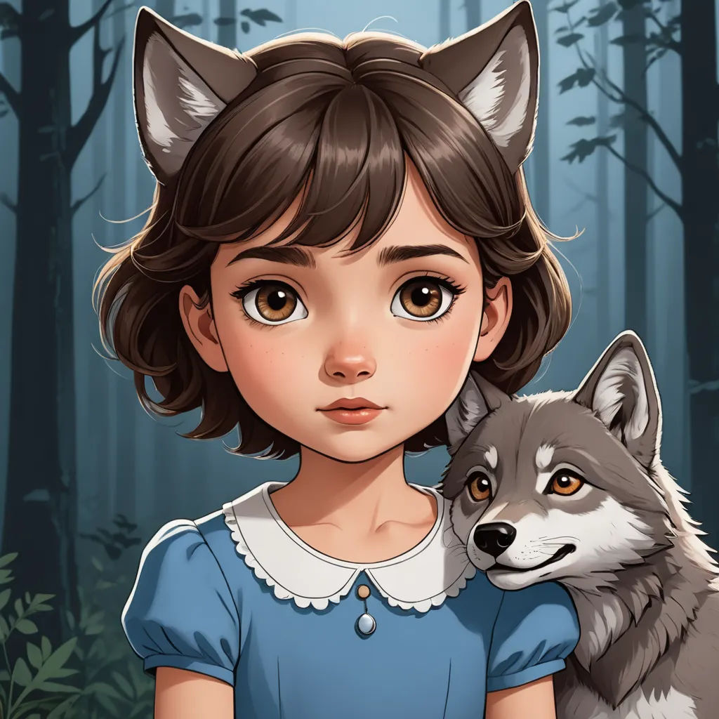 a girl with a wolf on her shoulder in a forest with trees and bushes behind her, looking at the camera, furry art, a character portrait, Clarice Beckett, character portrait