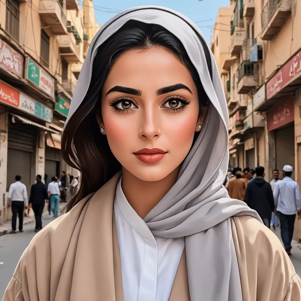 a woman with a scarf on her head and a street in the background with people walking on the sidewalk, digital art, a digital painting, Elina Karimova, highly detailed digital painting