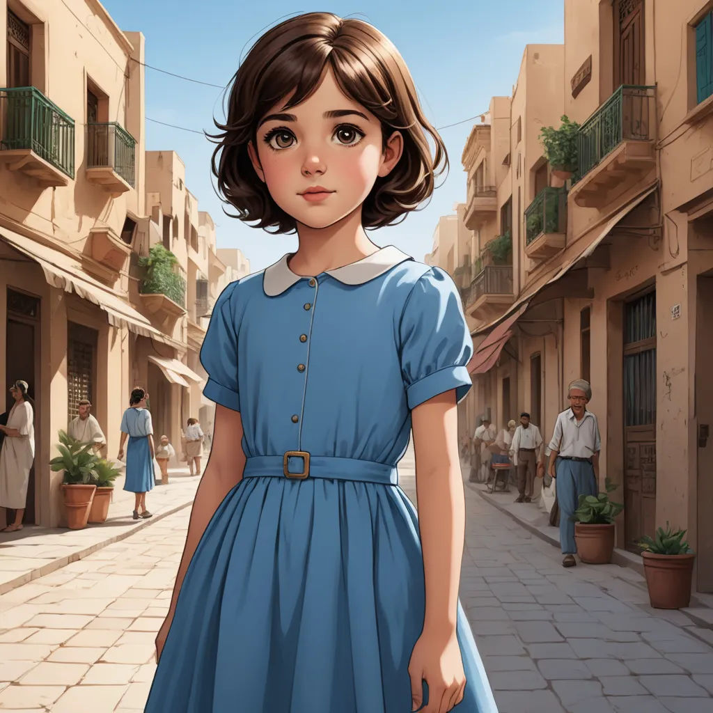 a painting of a girl in a blue dress on a street with people walking by and a building with a balcony, serial art, a character portrait, Clarice Beckett, cgstudio