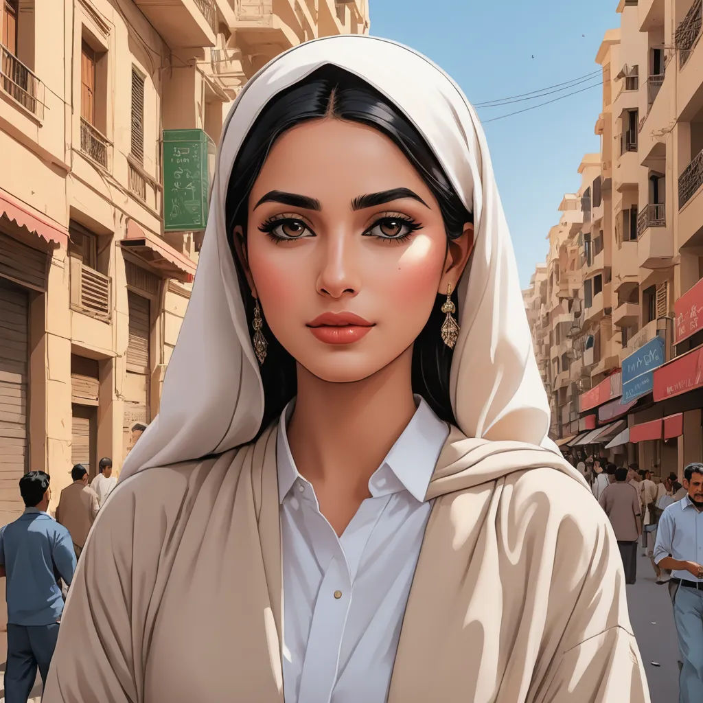 a woman in a nun outfit standing in a street with people walking around her and a man in a blue shirt and tie, digital art, a digital painting, Amir Zand, highly detailed digital painting