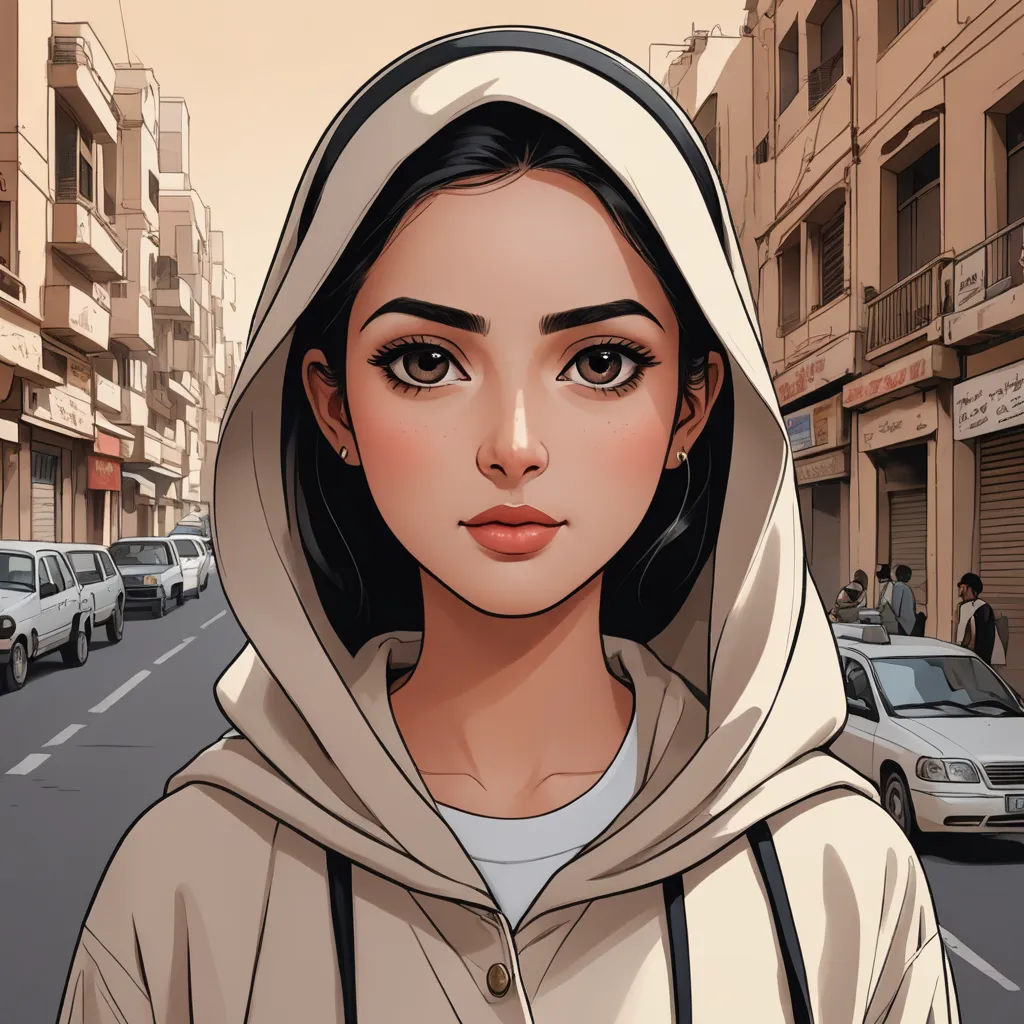 a woman in a hooded jacket is standing on a street corner with cars and buildings in the background and a man in the foreground, aestheticism, a comic book panel, Artgerm, anime art style