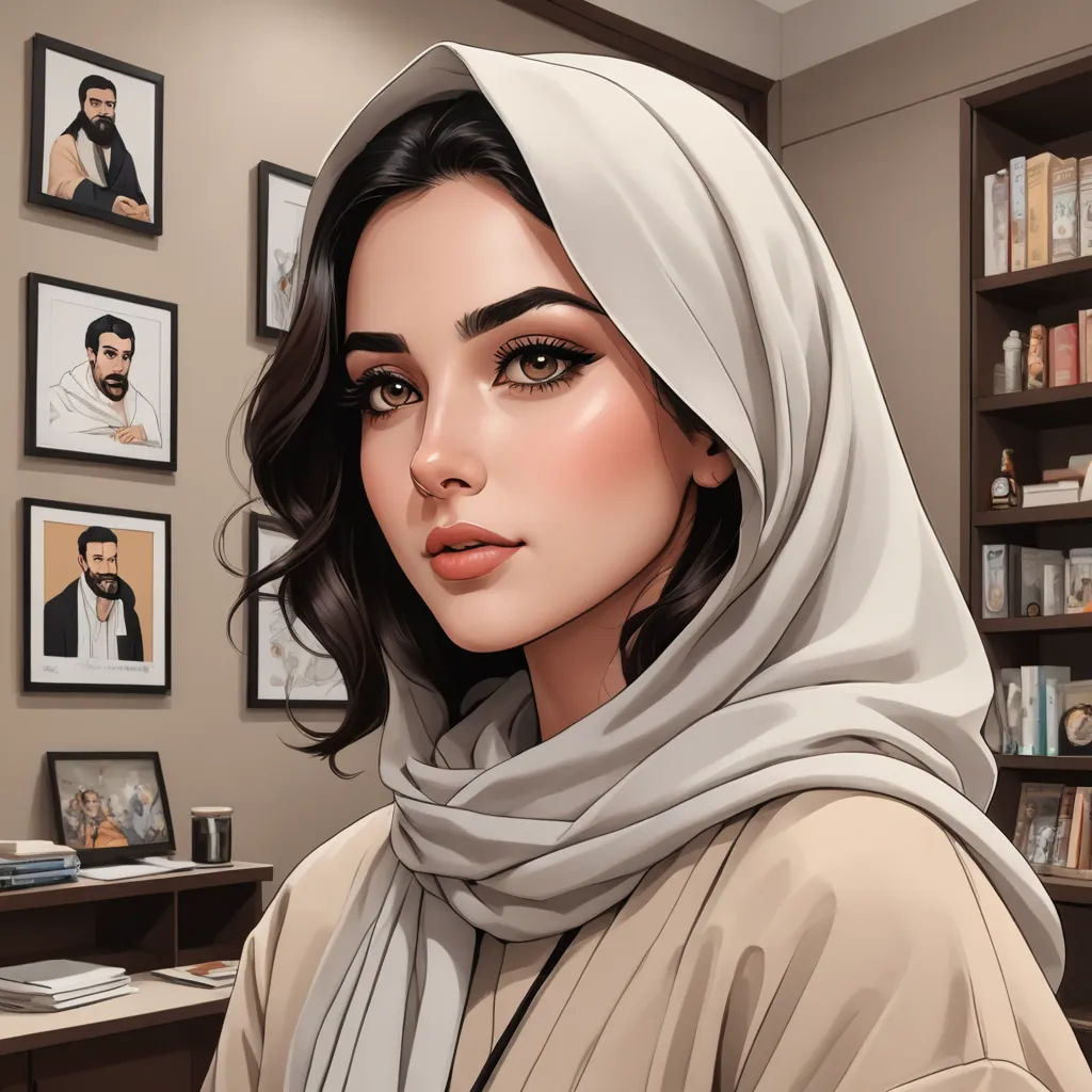 a woman with a scarf on her head in a room with pictures on the wall and a desk with a computer, academic art, a detailed painting, Artgerm, highly detailed digital painting