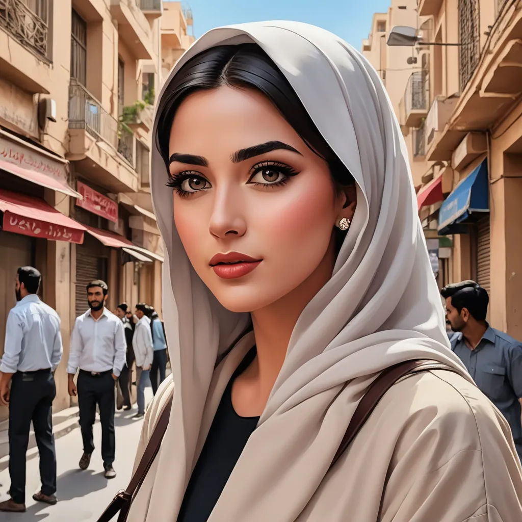 a woman in a headscarf is standing on a street corner with people walking by and a man in a white shirt is standing on the sidewalk, qajar art, a photorealistic painting, Elina Karimova, ultra realistic digital art