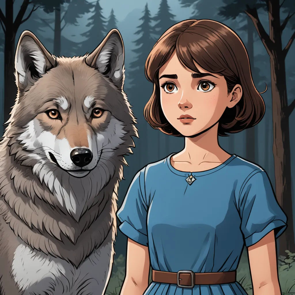 a girl standing next to a wolf in a forest with trees and grass behind her, with a forest background, furry art, a character portrait, Clarice Beckett, official art