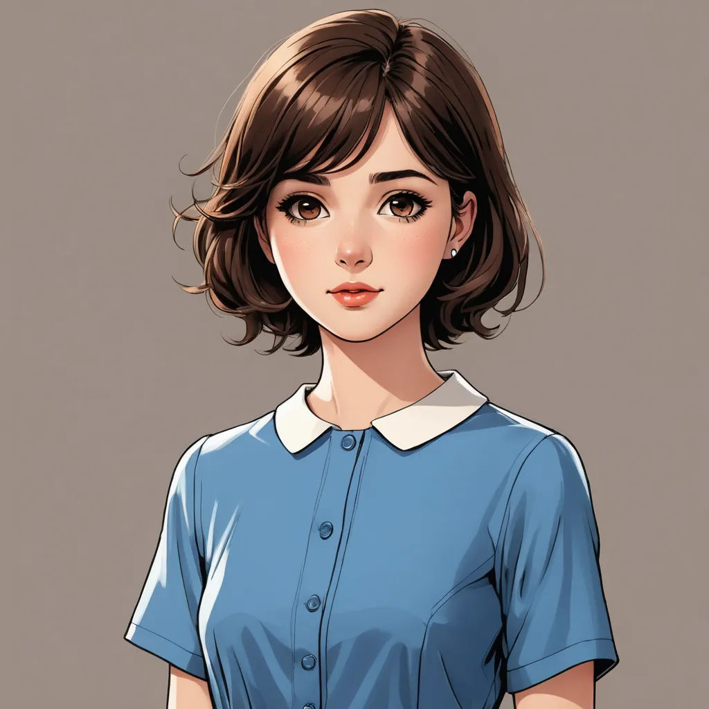 a woman with a blue shirt and a white collared shirt is standing in front of a gray background, photorealism, a character portrait, Artgerm, rpg portrait