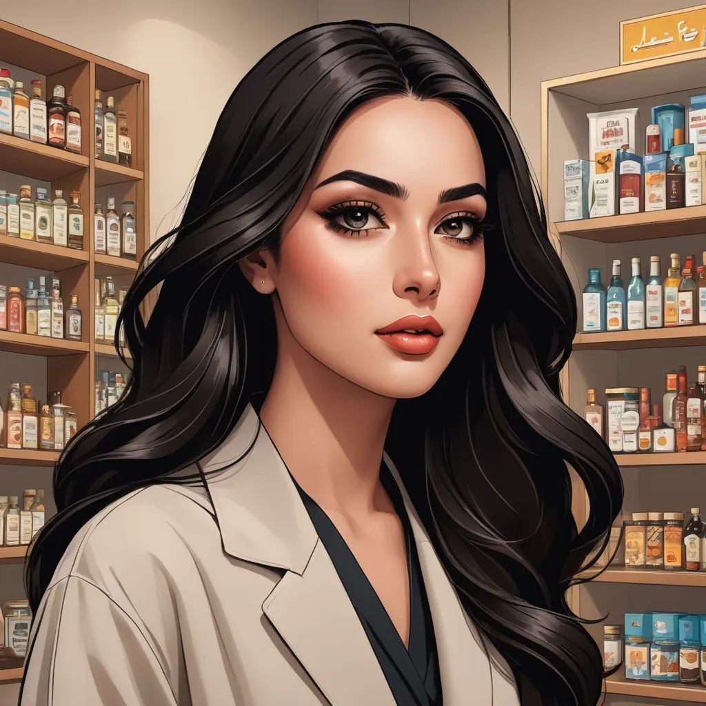 a woman in a pharmacy shop with a shelf of medicine bottles behind her and a shelf of medicine bottles behind her, remodernism, a character portrait, Constance Gordon-Cumming, hyper realistic face