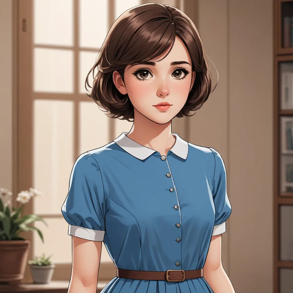 a woman in a blue dress standing in a room with a potted plant in the background and a window behind her, sots art, a character portrait, Constance Gordon-Cumming, character portrait