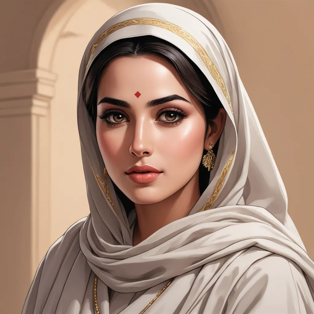 a woman in a white veil with a gold necklace and earrings on her head and a white shawl, fantasy art, a detailed painting, Charlie Bowater, detailed painting