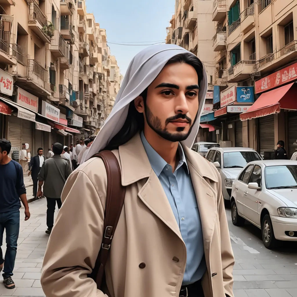 a man with a hood on walking down a street in a city with cars and people walking around him, hurufiyya, a character portrait, Ahmed Karahisari, orientalism