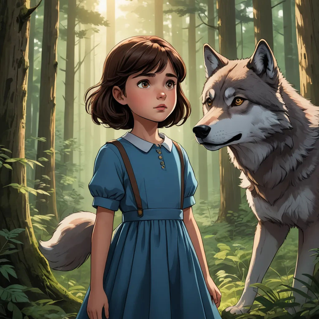 a girl in a blue dress standing next to a wolf in a forest with trees and grass on both sides, furry art, a storybook illustration, Clarice Beckett, ghibli