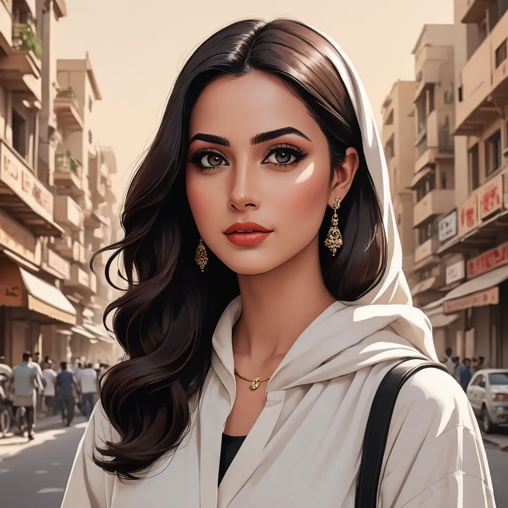 a digital painting of a woman in a street with a city background and buildings in the background, with a woman with long dark hair and a white shirt on the street, digital art, a digital painting, Alena Aenami, highly detailed digital painting