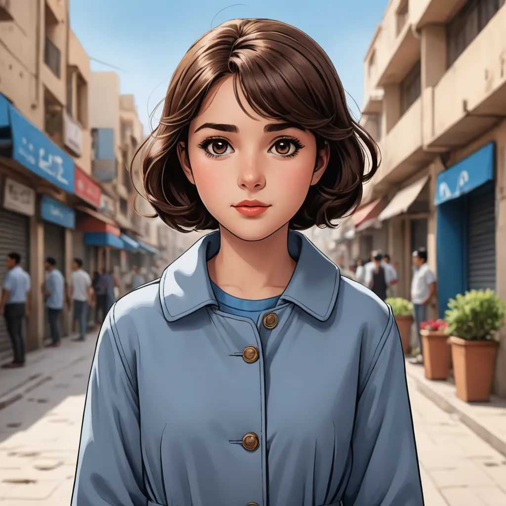 a woman in a blue shirt is standing on a street corner with people walking by and buildings in the background, photorealism, a character portrait, Artgerm, city background