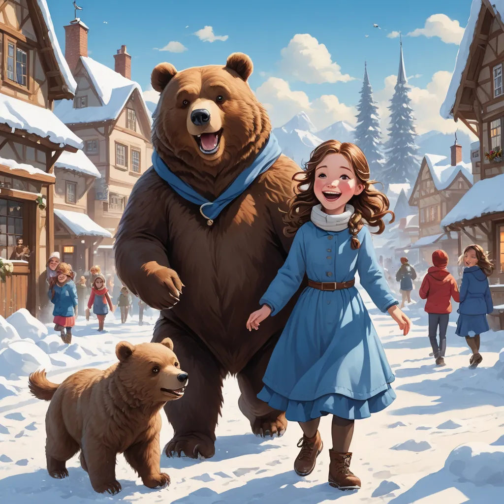 a painting of a girl and a bear in the snow with a town in the background and people walking around, furry art, a storybook illustration, Chris LaBrooy, kinkade