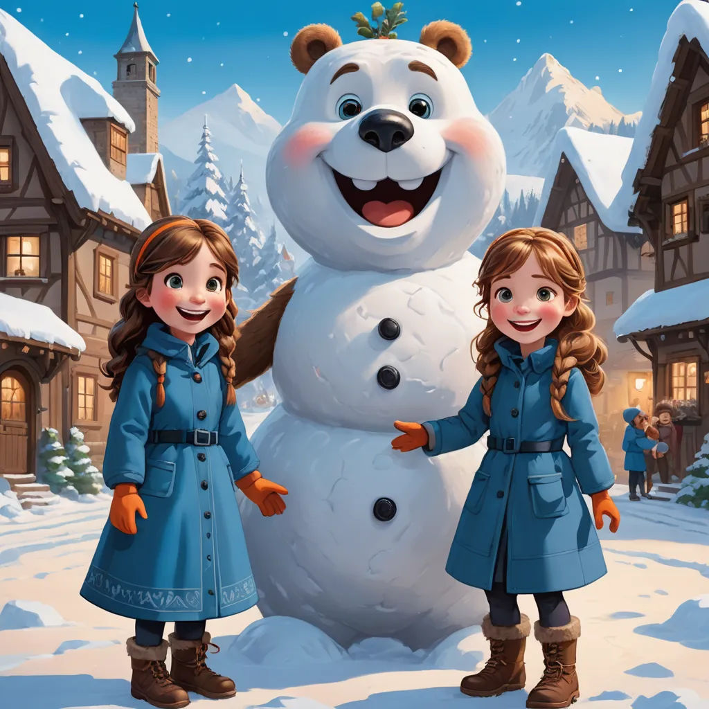two girls standing next to a snowman in a snowy village with a snowman in the background and a snowman in the foreground, sots art, a digital rendering, disney, official art
