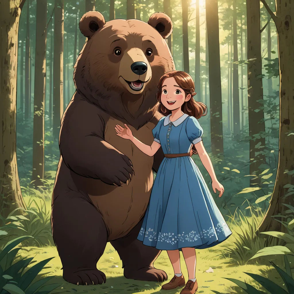 a girl standing next to a large bear in a forest with trees and grass behind her, with the bear standing next to her, furry art, a storybook illustration, Anne Said, official art