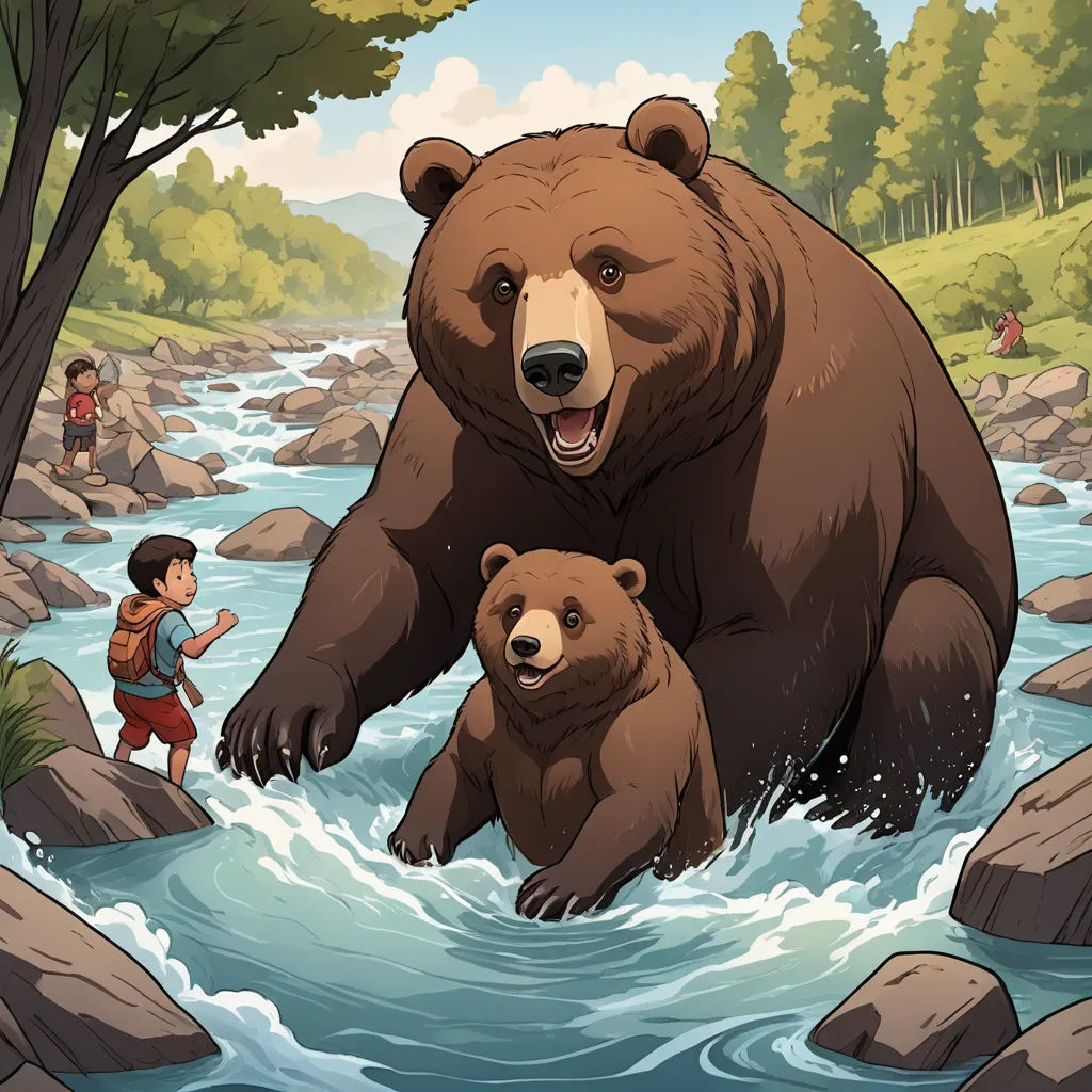 a bear and cub are in a river with rocks and trees in the background and a man is standing in the water, furry art, a storybook illustration, Brom, storybook illustration