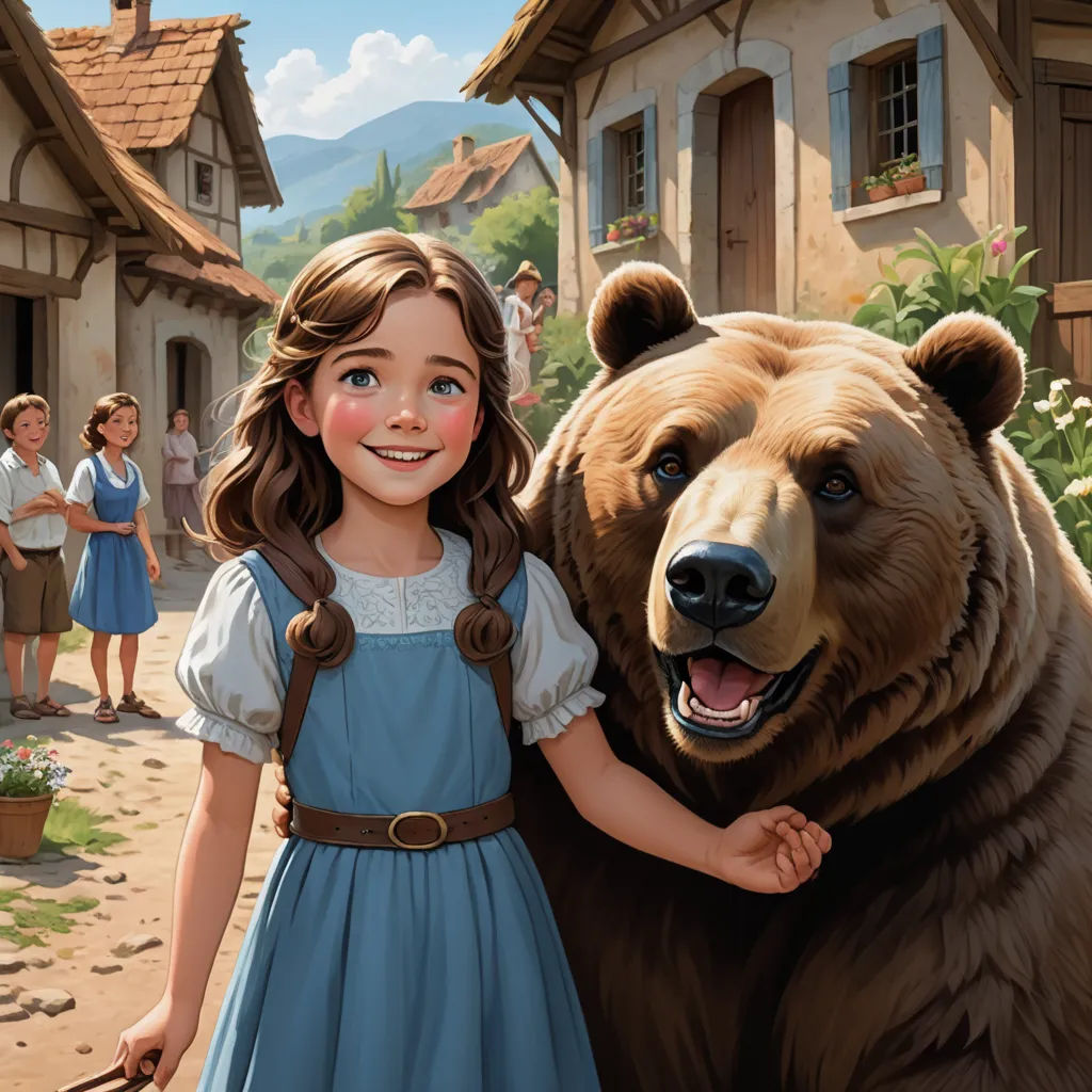 a girl is holding a large bear in front of a village with people and a bear statue on the street, furry art, a storybook illustration, Chris LaBrooy, official art