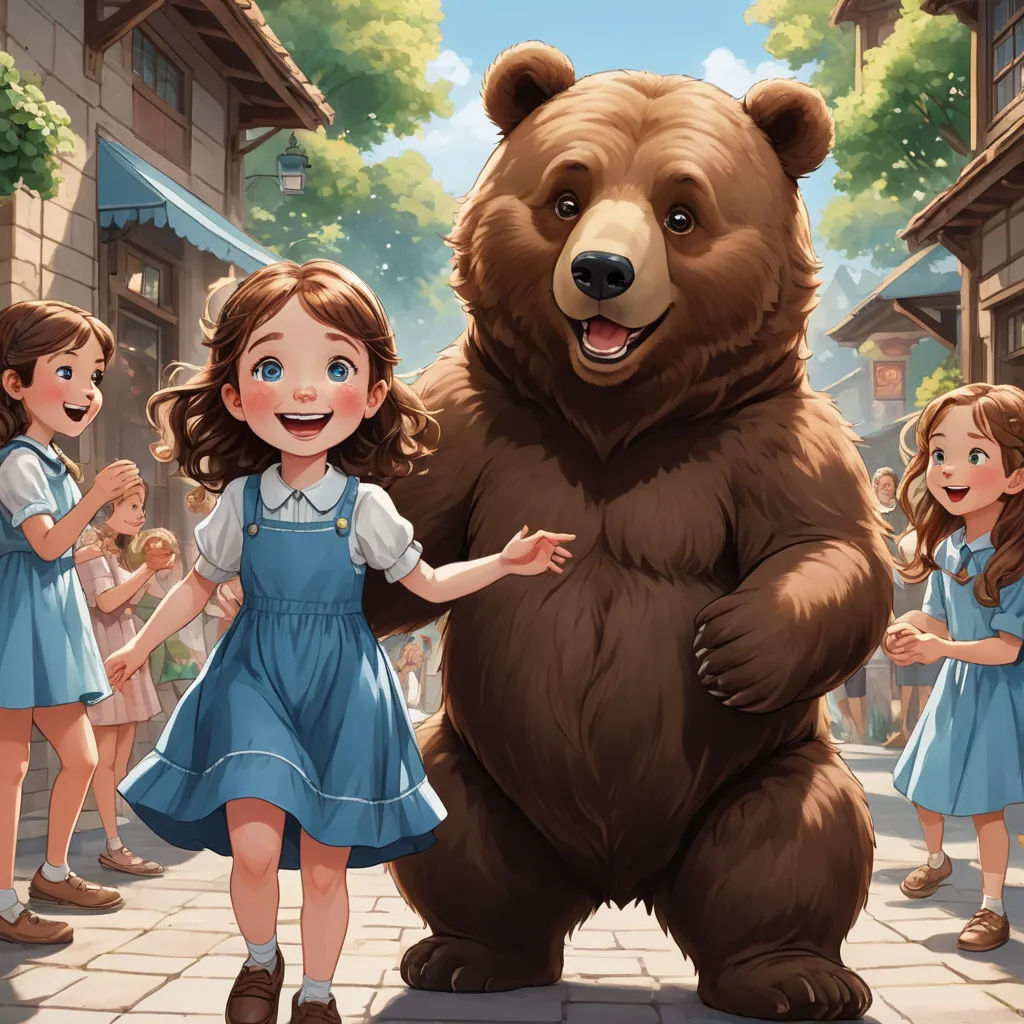 a girl in a blue dress standing next to a large bear in a town square with other children in the background, furry art, a storybook illustration, disney, official art