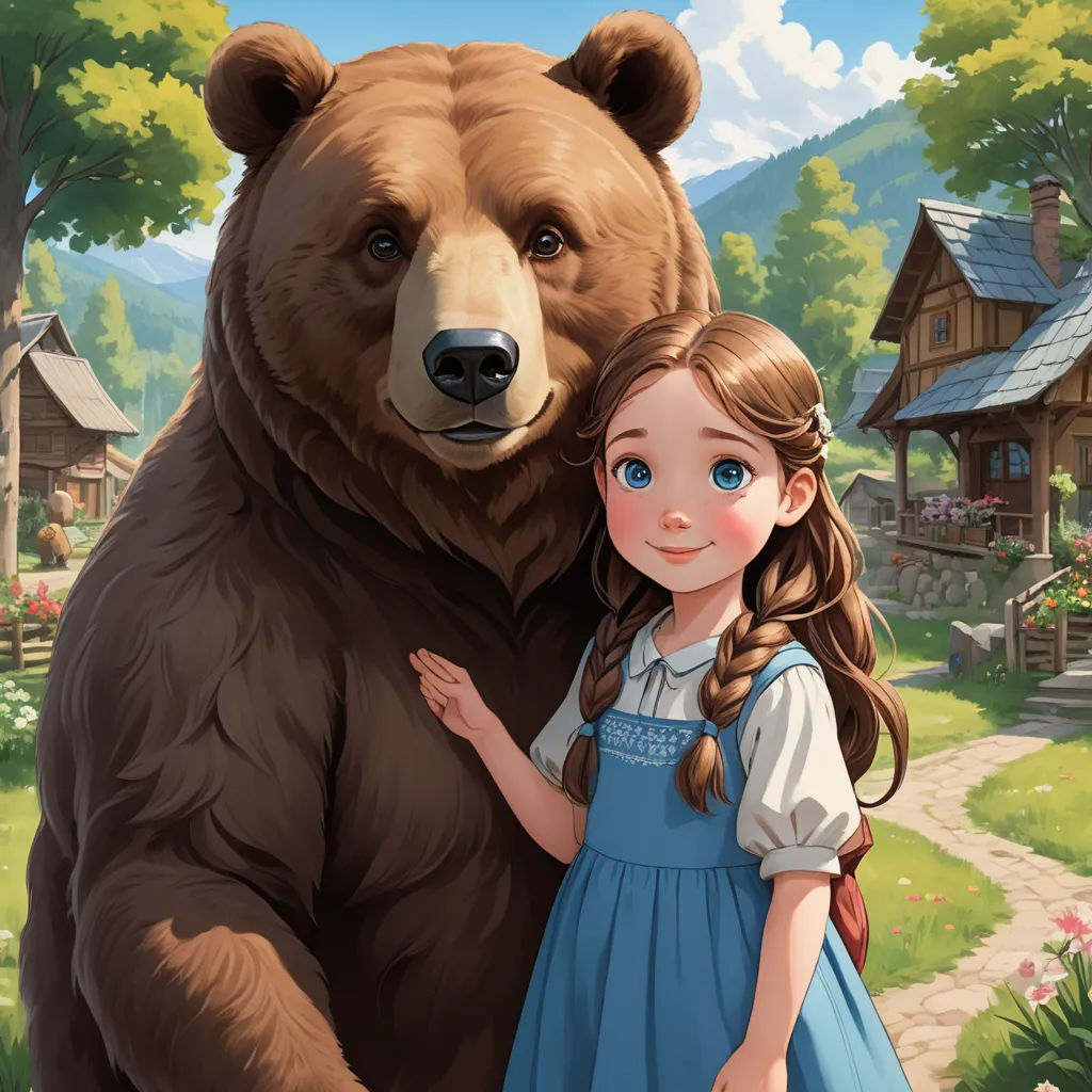 a girl hugging a large bear in a forest setting with a house in the background and a bear in the foreground, furry art, a storybook illustration, Chris LaBrooy, official art
