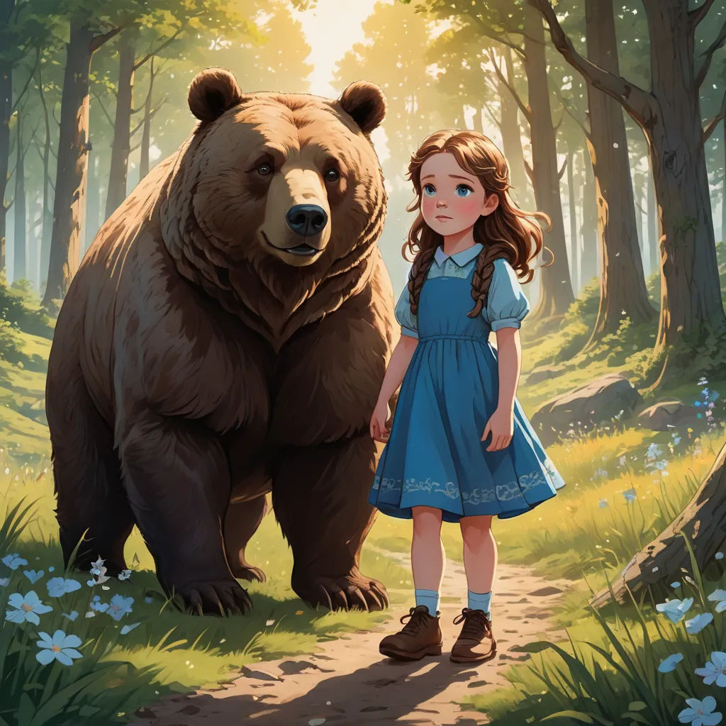 a girl standing next to a large bear in a forest with flowers and trees in the background, with the bear standing in the foreground, sots art, a storybook illustration, Art of Brom, official art