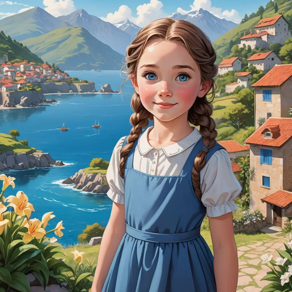 a painting of a girl in a blue dress standing in front of a lake and mountains with a boat in the water, fantasy art, a storybook illustration, Brothers Hildebrandt, rossdraws global illumination