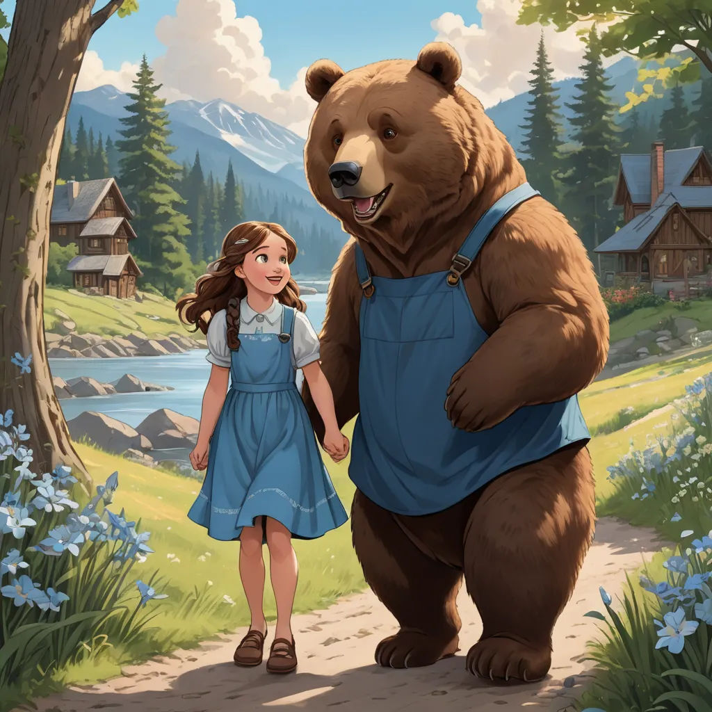 a girl and a bear walking down a path in a forest with a lake in the background and a cabin in the background, furry art, a storybook illustration, Chris LaBrooy, official art