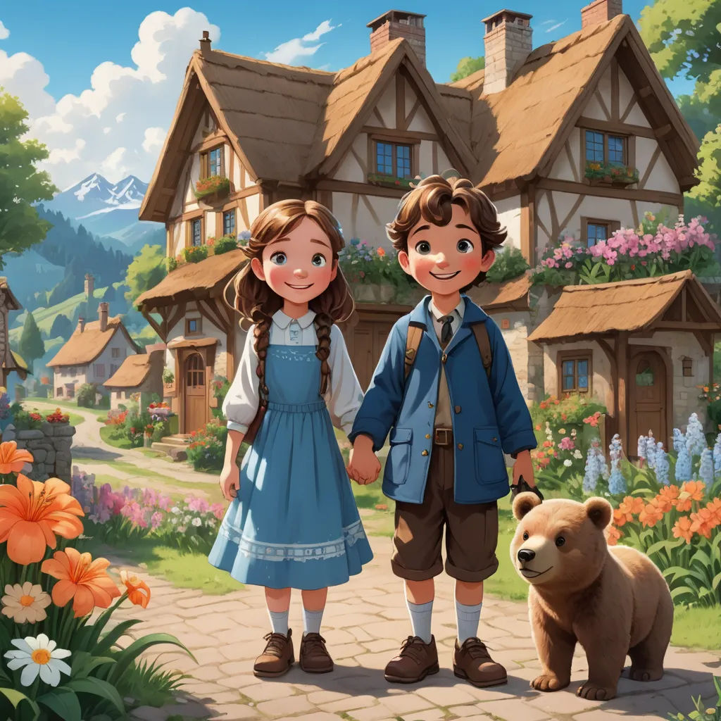 a boy and a girl standing in front of a house with a bear in front of them and a bear behind them, german romanticism, a storybook illustration, Brothers Hildebrandt, rossdraws global illumination