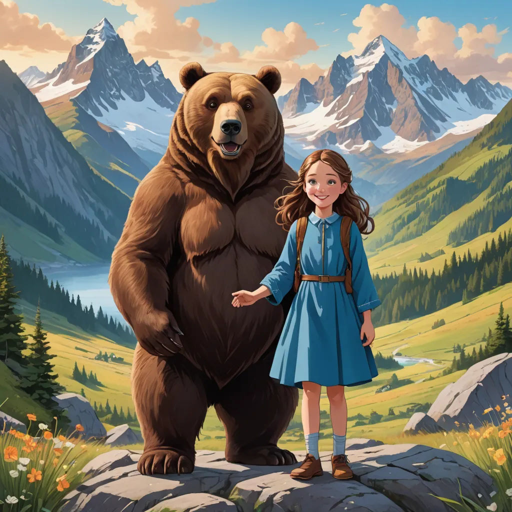 a girl standing next to a giant bear in a mountain landscape with mountains in the background and a valley in the foreground, american scene painting, a storybook illustration, Chris LaBrooy, official art