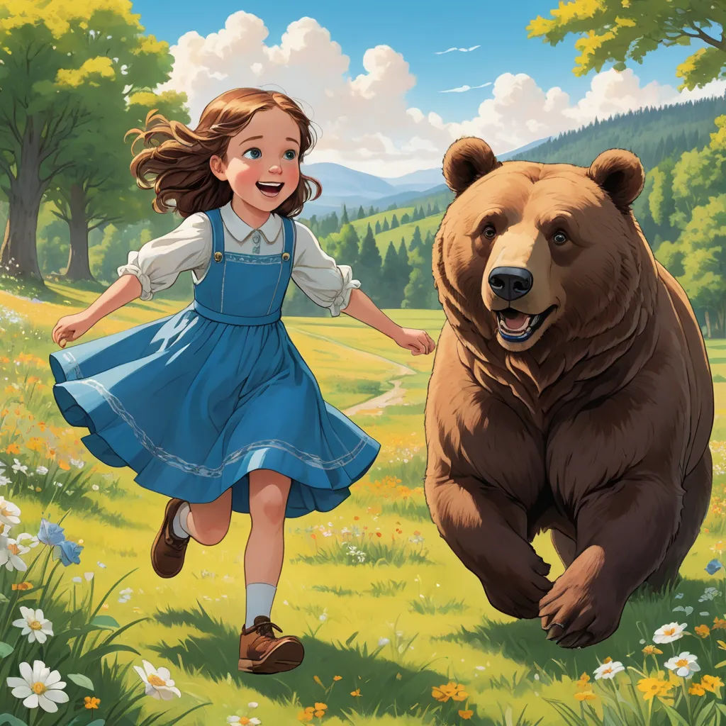 a girl running with a bear in a field of flowers and trees in the background, with a mountain in the background, furry art, a storybook illustration, Chris LaBrooy, official art