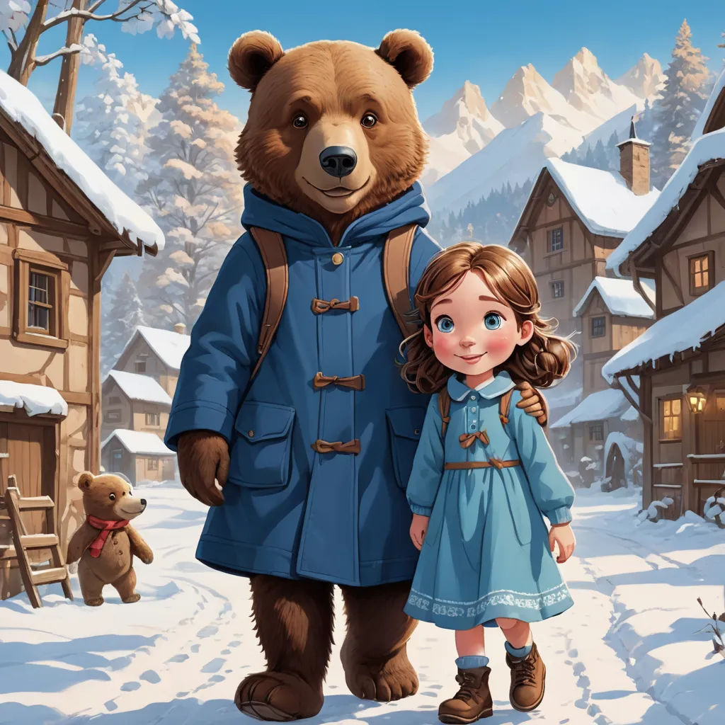 a cartoon bear and a girl standing in the snow in front of a cabin with a bear on the side, furry art, a storybook illustration, Chris LaBrooy, official art