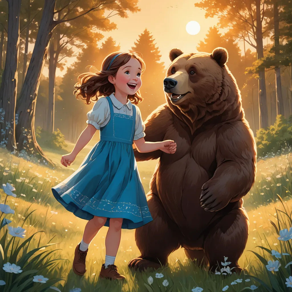 a girl in a blue dress standing next to a large bear in a forest with flowers and trees in the background, altermodern, a storybook illustration, Aaron Jasinski, official art
