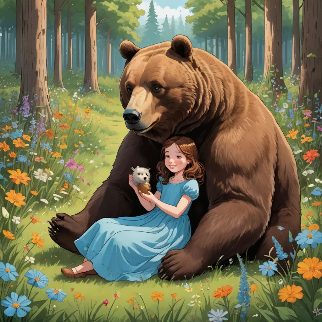 a girl is sitting in the grass with a bear in front of her and a bear behind her, in a forest, furry art, a storybook illustration, Aaron Jasinski, official art