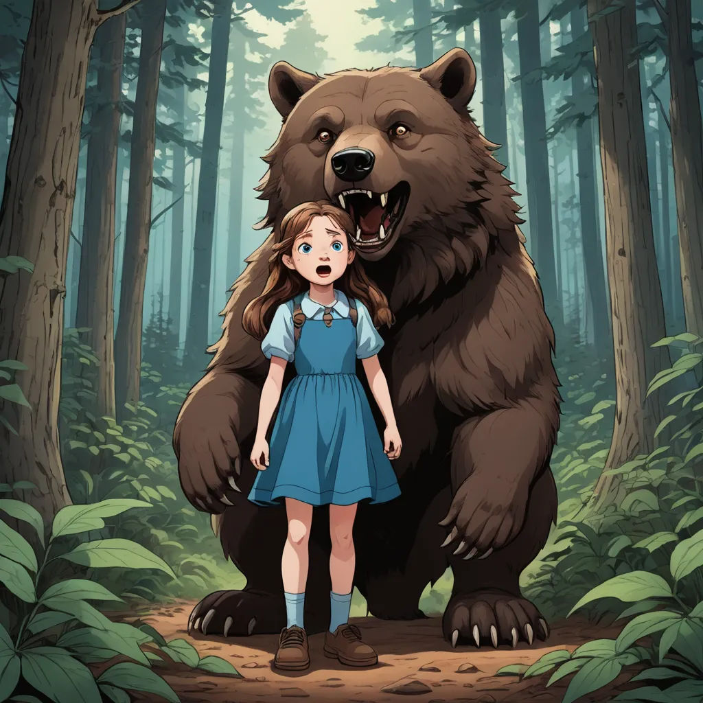 a girl standing next to a large bear in a forest with trees and bushes behind her, with a bear on the ground, furry art, a storybook illustration, Clarice Beckett, official art