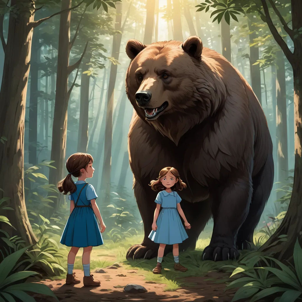 a bear and two girls in a forest with sunlight shining through the trees and a bear on the ground, furry art, a storybook illustration, Aaron Jasinski, official art