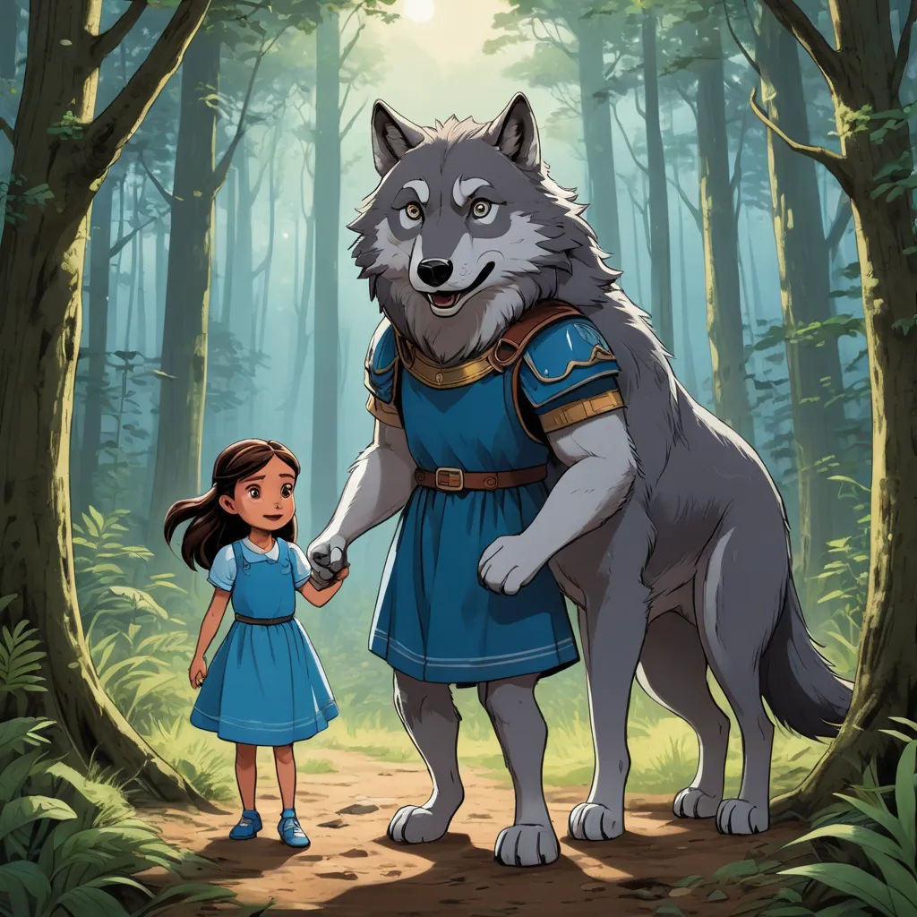 a girl and a wolf in a forest holding hands with each other and looking at each other with a forest background, furry art, a storybook illustration, Anato Finnstark, official art