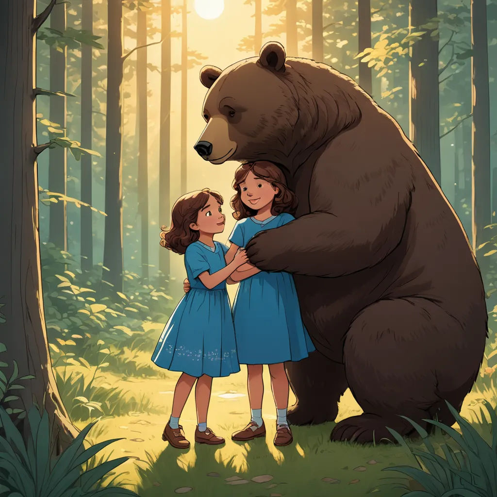 a girl hugging a large bear in a forest with the sun shining through the trees behind her and a bear standing on its back, serial art, a storybook illustration, Diego Gisbert Llorens, official art