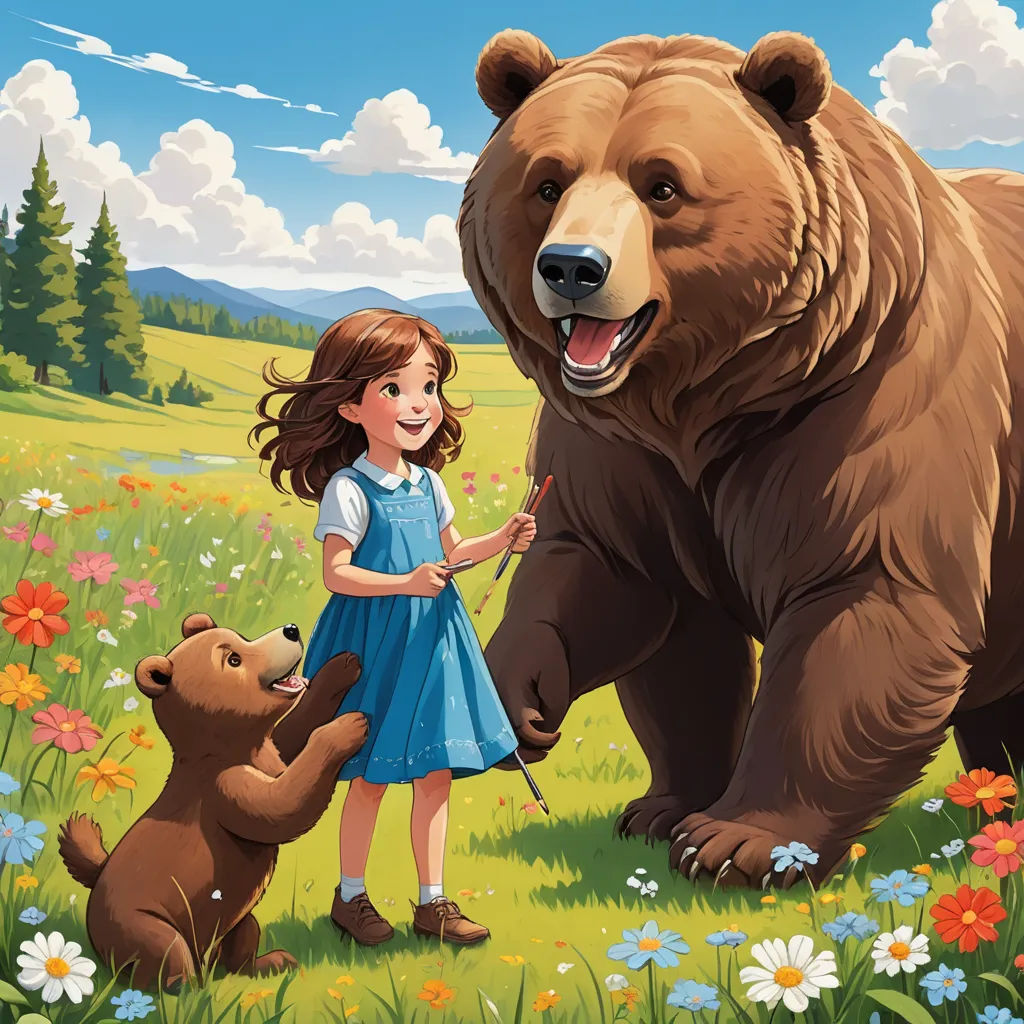 a girl is standing in a field with two bears and a bear cub is standing next to her and a bear is standing behind her, furry art, a storybook illustration, Chris LaBrooy, official art