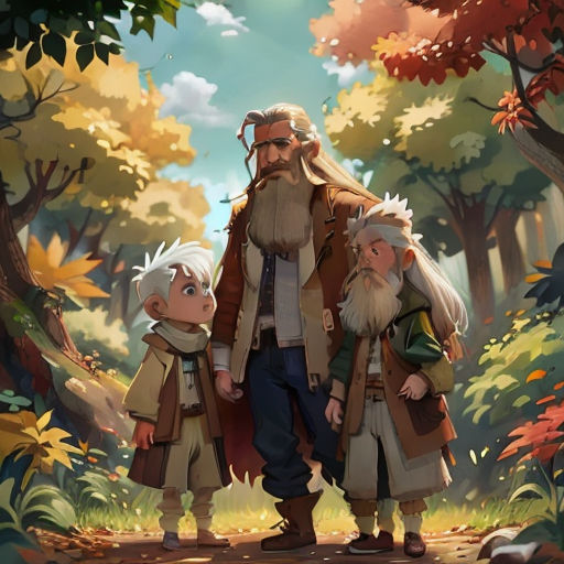 a group of people standing in a forest with trees and leaves on the ground and a man with a beard