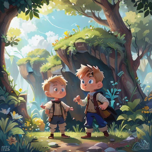 two children walking through a forest with trees and rocks in the background, one boy is pointing at the other boy
