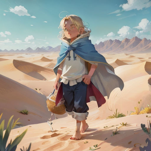 a woman in a desert with a basket and a hat on her head and a blue cape over her shoulders