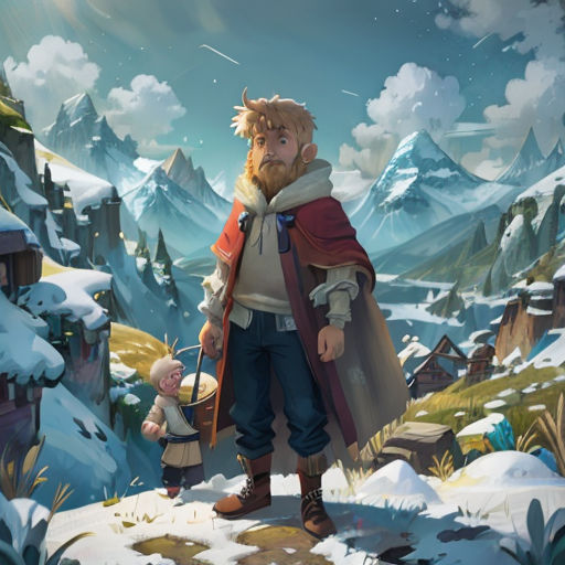 a man and a child standing in the snow in front of a mountain range with snow covered mountains and a sky