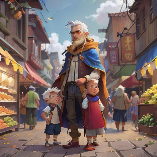 a man and two children standing in front of a market with a man in a red cape and a woman in a blue dress
