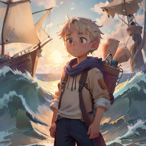 a boy with a backpack standing in front of a ship in the ocean with a sailboat in the background