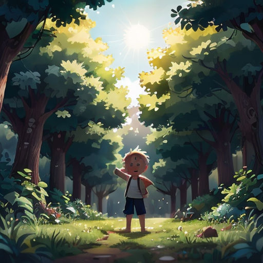 a boy standing in the middle of a forest with trees and grass on both sides of him, looking up at the sky