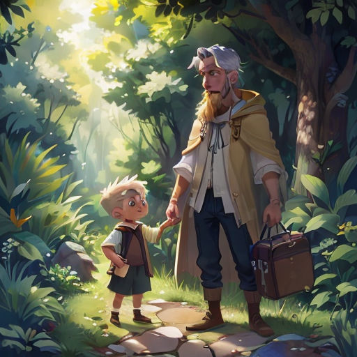 a man and a child are walking through the woods together holding hands and holding luggage bags, with a forest background