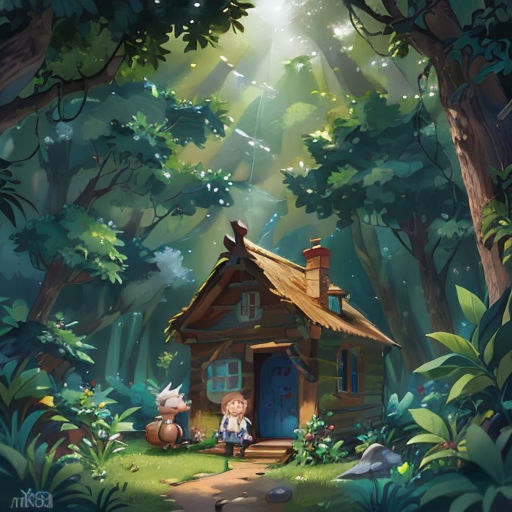 a little house in the middle of a forest with a little girl sitting outside of it and a cat standing outside