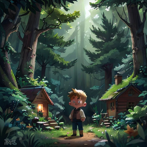 a boy standing in the middle of a forest with a cabin in the background and a light shining on the trees